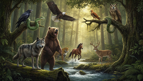 Animales de poder: lobo, oso, águila, serpiente, halcón, cuervo, jaguar, ciervo, búho, caballo.
