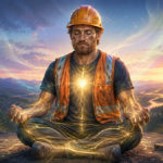 Un obrero de la construcción se está tomando un descanso para meditar, concentrando su energía en el pecho.