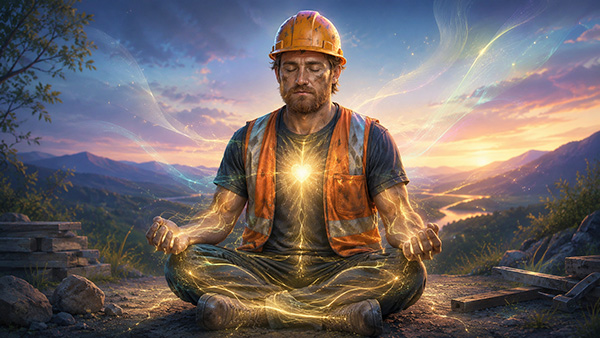Un obrero de la construcción se está tomando un descanso para meditar, concentrando su energía en el pecho.