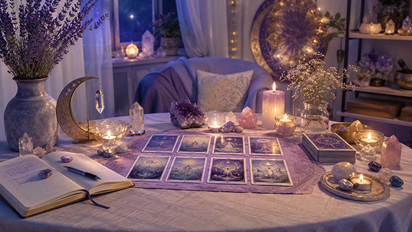 Spiritual reading table with tarot cards, candles, crystals, lavender, and an open journal, creating a peaceful psychic reading space for intuitive guidance and reflection.