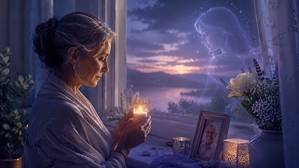 Ilustración espiritual de una mujer en duelo sosteniendo una vela junto a una foto enmarcada, con la presencia suave del alma de un ser querido cerca de la ventana, simbolizando consuelo, recuerdo y la sensación de que las almas que han partido siguen cerca.