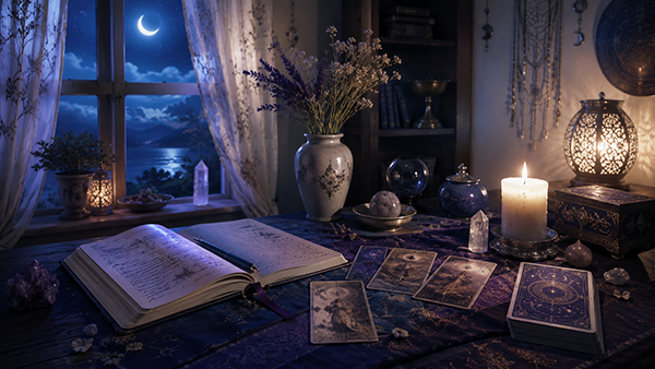Mesa de lectura espiritual con cartas del tarot, cristales, velas, un diario abierto, lavanda y luz de luna junto a la ventana, simbolizando cómo las lecturas psíquicas y las preguntas de vida evolucionan con el tiempo.