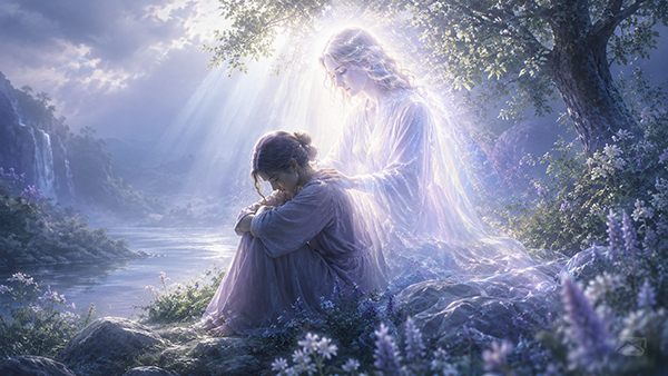 Ilustración espiritual de una mujer en duelo sentada junto a un río tranquilo mientras un alma protectora luminosa la consuela suavemente, simbolizando apoyo angelical, sanación y presencia amorosa durante el duelo.