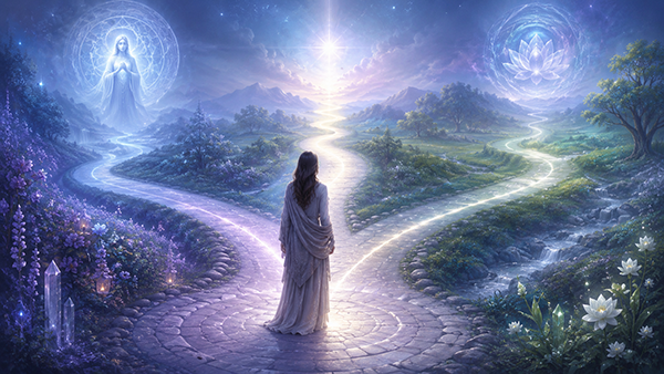 Ilustración espiritual de una mujer frente a un camino luminoso que se divide, rodeada de naturaleza, luz sagrada y símbolos guía, representando decisiones de vida, dirección intuitiva y seguir el camino espiritual correcto.