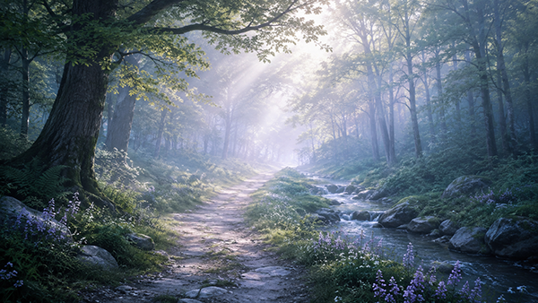 Camino tranquilo en el bosque con luz suave, un arroyo, flores y neblina, simbolizando la sanación después del duelo, la recuperación emocional y el regreso gradual de la luz y la paz.