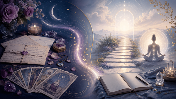 Ilustración espiritual que combina cartas del tarot, cartas escritas a mano, luz de luna, meditación y un camino luminoso, simbolizando la evolución desde preguntas de amor hacia propósito, claridad interior y dirección espiritual.