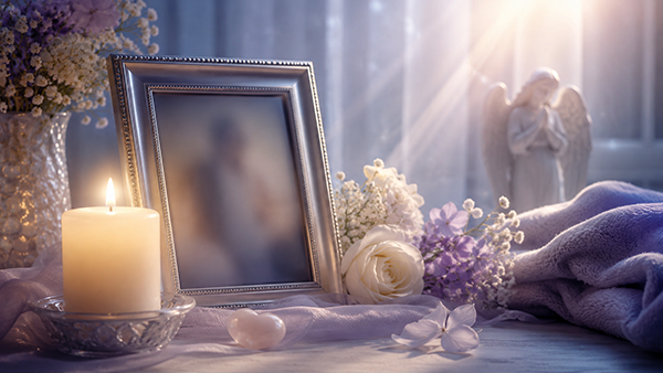 Escena espiritual de duelo con una vela, flores, una figura de ángel, un cristal en forma de corazón y la foto enmarcada de un ser querido, simbolizando recuerdo, conexión, consuelo y mensajes desde el otro lado.