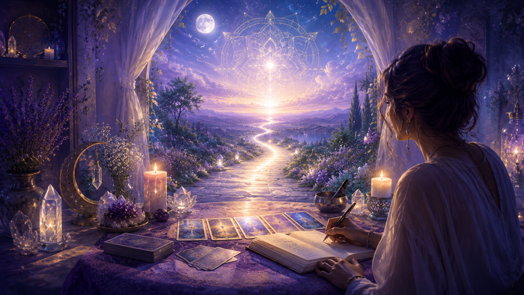 Ilustración espiritual de una mujer escribiendo junto a cartas del tarot, velas, cristales y luz de luna, mirando hacia un camino luminoso que simboliza guía psíquica, preguntas de vida y claridad espiritual.