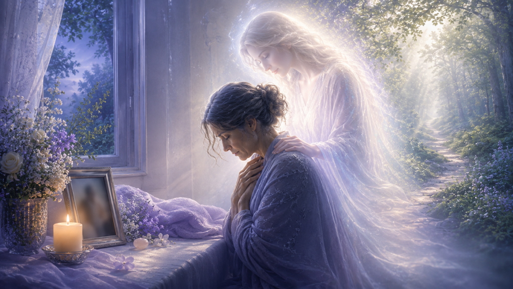 Ilustración espiritual de una mujer en duelo recibiendo apoyo angelical junto a una vela, flores y una foto enmarcada, con un camino tranquilo en el bosque que simboliza sanación, consuelo y guía a través del dolor.