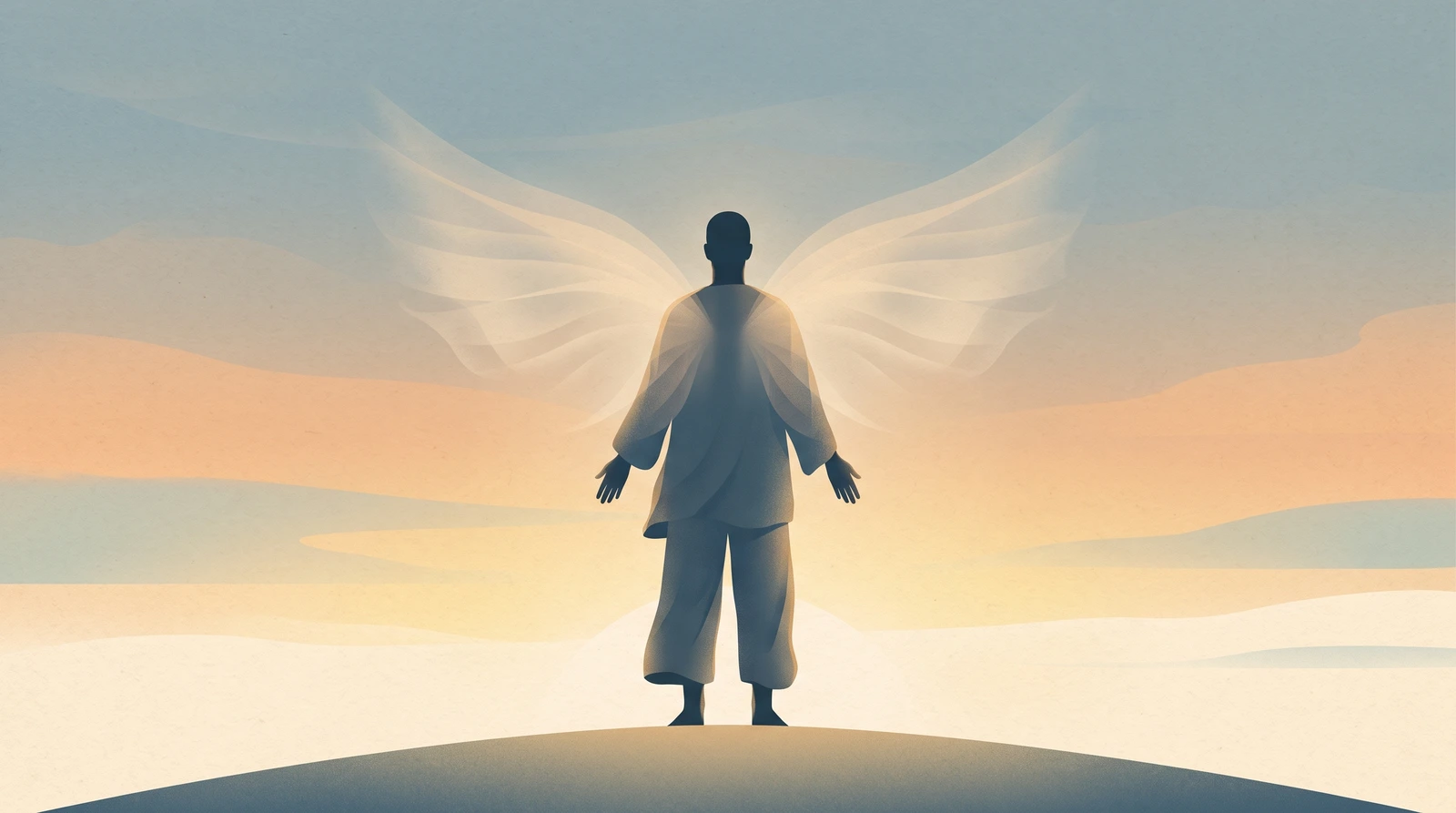 Silueta serena con un aura dorada y alas de luz translÃºcidas al amanecer, sÃ­mbolo de un Ã¡ngel encarnado