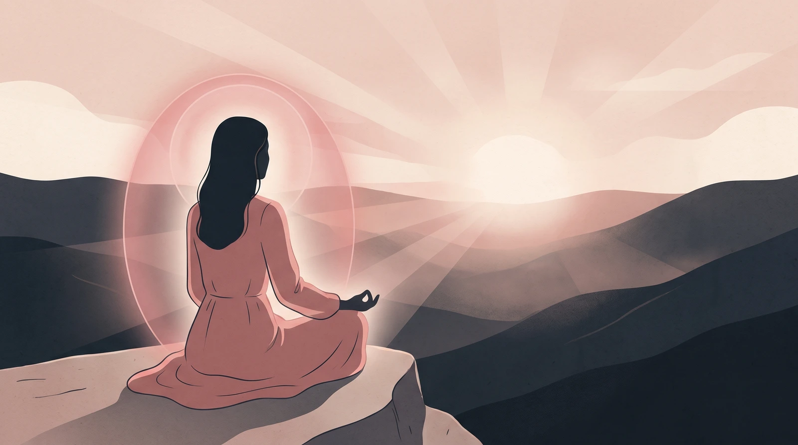 Silueta serena meditando envuelta en un aura rosa luminosa, simbolo de amor y ternura espiritual