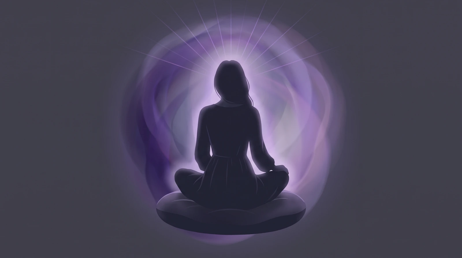 Silueta serena en meditación envuelta en un aura violeta y morada luminosa