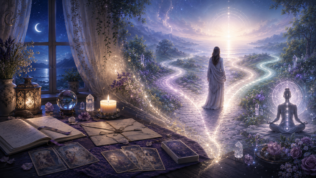 Ilustración espiritual de una mesa de lectura psíquica con cartas del tarot, cristales, velas y diarios que se abre hacia caminos luminosos, simbolizando cómo las preguntas de las personas evolucionan con el tiempo hacia propósito, sanación y dirección espiritual.