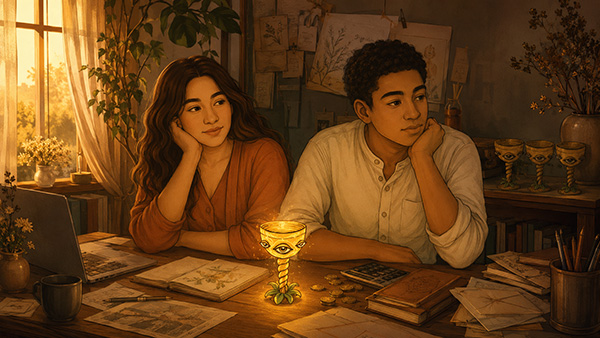 Hay dos personas trabajando juntas en el mismo escritorio. Ambas parecen distraídas y aburridas, y no parecen estar siendo productivas.