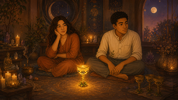 Dos personas espirituales están sentadas juntas en el mismo escritorio. Ambas parecen distraídas y desconectadas de la sesión.