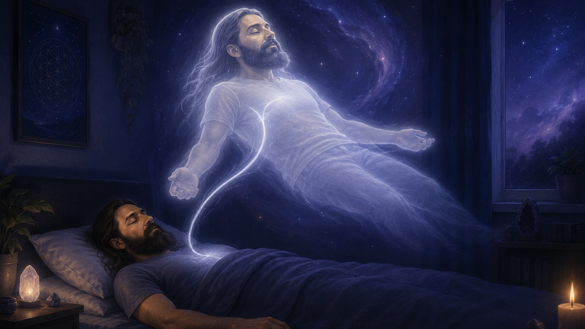 Un hombre con barba duerme tranquilamente en la cama mientras una versión astral luminosa de él se eleva sobre su cuerpo, conectada por un cordón plateado, en una habitación azul profunda llena de estrellas, arcos y luz mística.