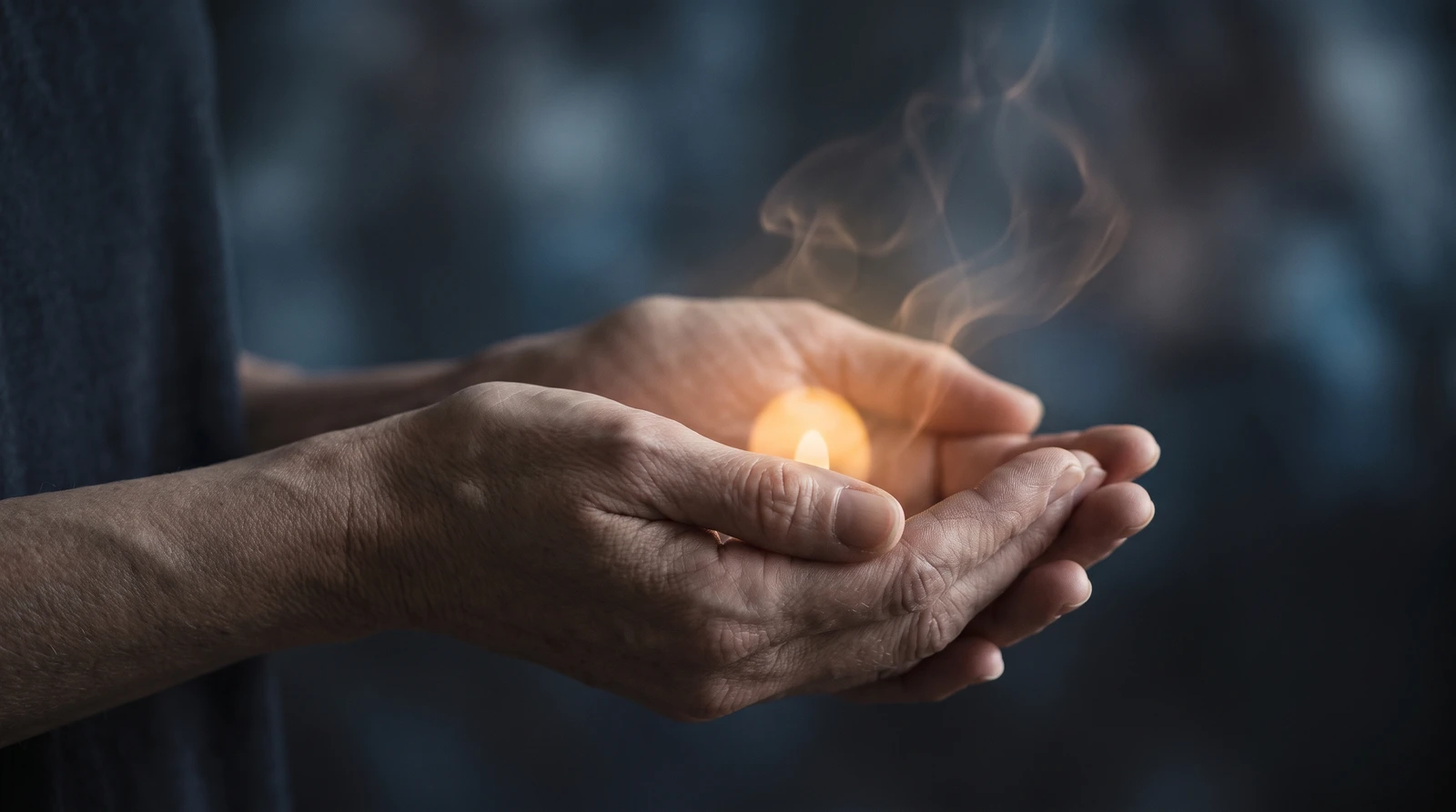 Manos sosteniendo una vela encendida en la oscuridad, sÃ­mbolo de una lectura psÃ­quica y guÃ­a espiritual serena