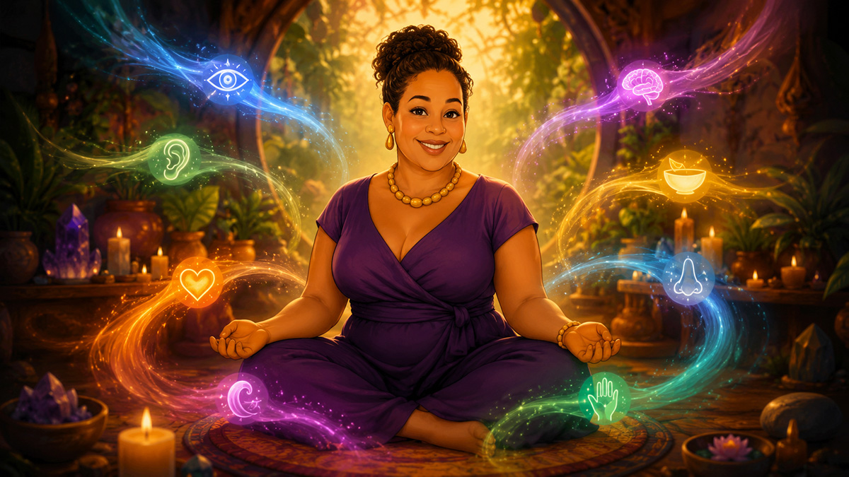 Una mujer espiritual que muestra su alegría al utilizar sus 8 sentidos psíquicos, de los ocho sentidos, representados en diferentes colores. Esto es para un artículo sobre las ocho habilidades psíquicas.