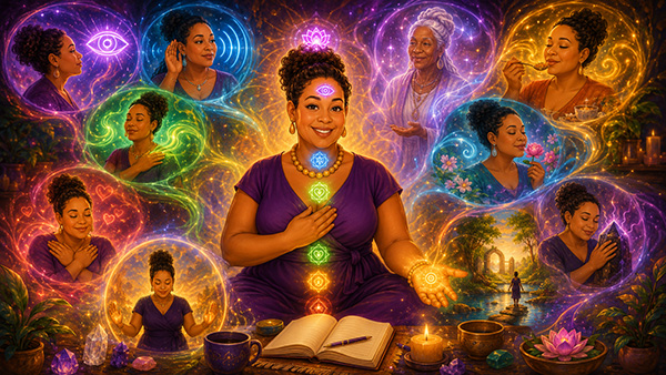 Una encantadora mujer, abierta espiritualmente y consciente de sus 8 sentidos psíquicos, representados mediante imágenes de la percepción sensorial física. Esto es para un artículo sobre las ocho capacidades psíquicas.