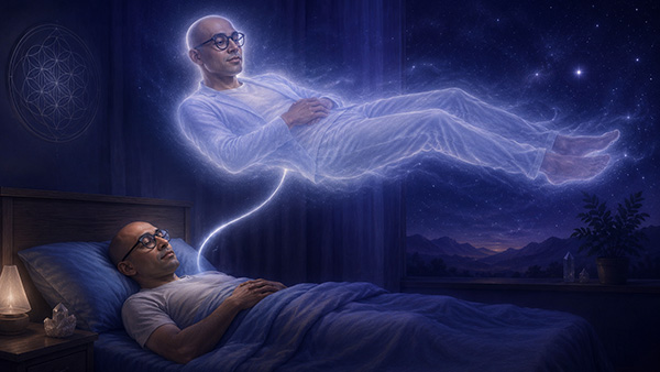 Un hombre calvo con gafas yace dormido en la cama mientras su forma astral luminosa flota horizontalmente sobre él, conectada por un cordón plateado, dentro de un dormitorio azul oscuro con una noche estrellada visible por la ventana.
