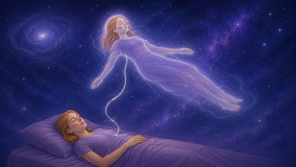 Una mujer pelirroja yace dormida en una cama violeta mientras su cuerpo astral translúcido flota sobre ella en un espacio cósmico, conectado por un cordón plateado luminoso, rodeado de estrellas y galaxias en espiral.