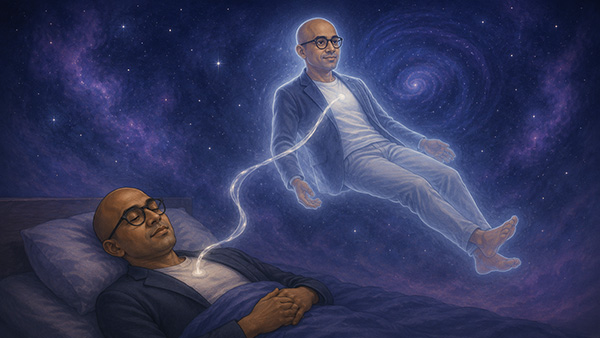 Un hombre calvo con gafas duerme en la cama mientras su forma astral luminosa flota sobre él en posición sentada, conectada por un cordón plateado, sobre un fondo púrpura lleno de estrellas y galaxias en espiral.