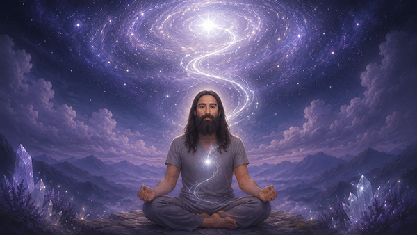 Un hombre de pelo largo y barba medita con las piernas cruzadas sobre una roca en la montaña mientras una corriente de luz blanca asciende desde su pecho hacia una galaxia espiral luminosa en el cielo, rodeado de cristales y una noche violeta.