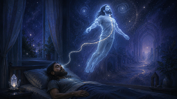 Un hombre con barba duerme en la cama en un dormitorio azul tenue mientras su cuerpo astral luminoso se eleva sobre él, conectado por un cordón plateado, con un cielo nocturno cósmico visible por la ventana y una vela encendida cerca.