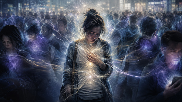 Una mujer sensible permanece abrumada en una ciudad llena de gente, rodeada de hilos de energía emocional y luces brillantes similares a chakras atravesando su cuerpo.
