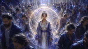 Una mujer tranquila y espiritual se encuentra en medio de una multitud bulliciosa, protegida por una burbuja de energía resplandeciente de color blanco y dorado, manteniendo la calma y el equilibrio mientras la gente se mueve a su alrededor.