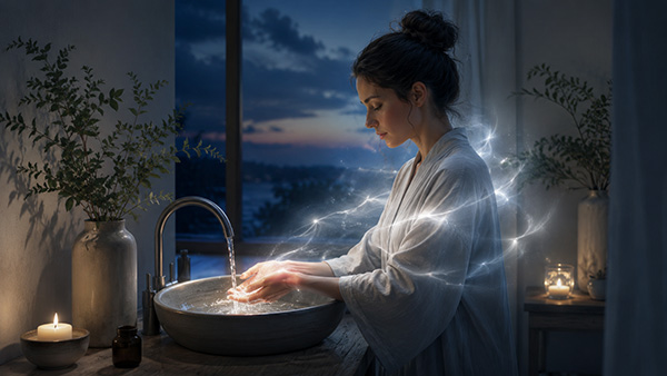 Una mujer se lava las manos en un lavabo suavemente iluminado por la noche, rodeada de una energía blanca que simboliza limpieza espiritual.