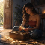 Mujer sentada junto a una caja de madera mientras observa fotografías antiguas esparcidas por el suelo bajo la luz de la mañana.