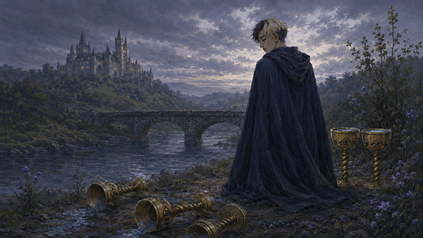 Una persona con capa permanece junto a tres copas doradas derramadas, mientras dos copas siguen en pie cerca de un río, un puente y un castillo lejano bajo un cielo gris tormentoso.