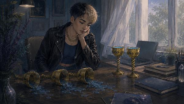 Una escena interior melancólica inspirada en el Cinco de Copas, con una persona joven en un escritorio, tres copas doradas derramadas y dos copas en pie, rodeada de libros, cristales y una suave luz de ventana.