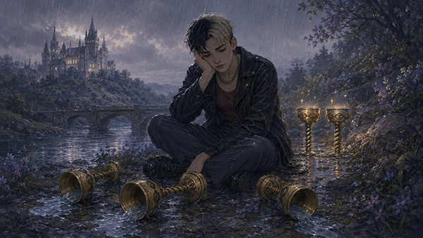 Una escena de tarot del Cinco de Copas bajo la lluvia, con una persona joven y triste sentada junto a tres copas doradas derramadas, mientras dos copas permanecen en pie cerca de un río, un puente y un castillo lejano.