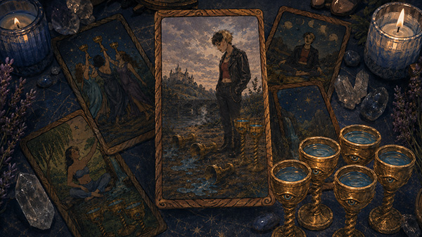 Una mesa mística de tarot con varias cartas ilustradas, velas, cristales y copas doradas, con la carta del Cinco de Copas situada de forma destacada en el centro.
