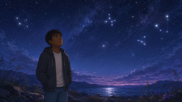 Joven mirando varias constelaciones sobre un lago bajo un profundo cielo nocturno azul.