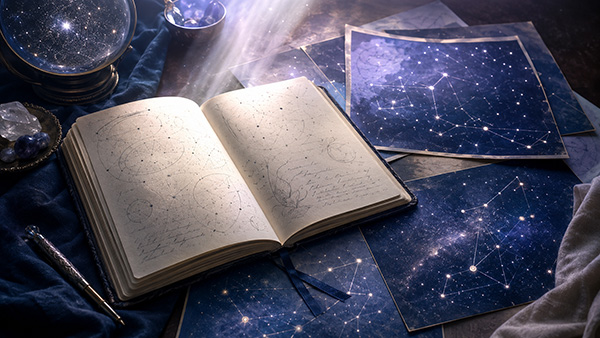 Diario abierto con dibujos celestiales junto a mapas estelares, cristales, una pluma y una esfera luminosa.