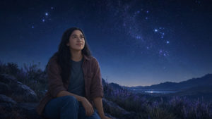 Mujer sentada bajo un cielo nocturno azul lleno de estrellas y constelaciones lejanas.