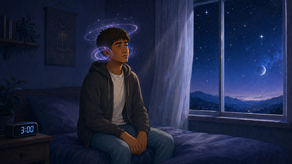 Joven despierto a las 3:00 de la madrugada con anillos de energía violeta alrededor de la cabeza y un cielo estrellado tras la ventana.
