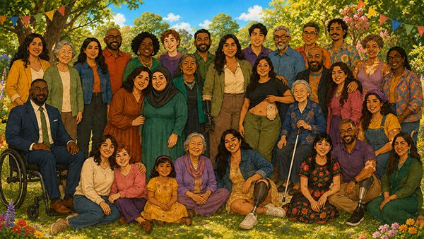 Se ve a mucha gente de diferentes razas, géneros y orientaciones, así como a algunas personas con discapacidad, celebrando juntas con alegría.