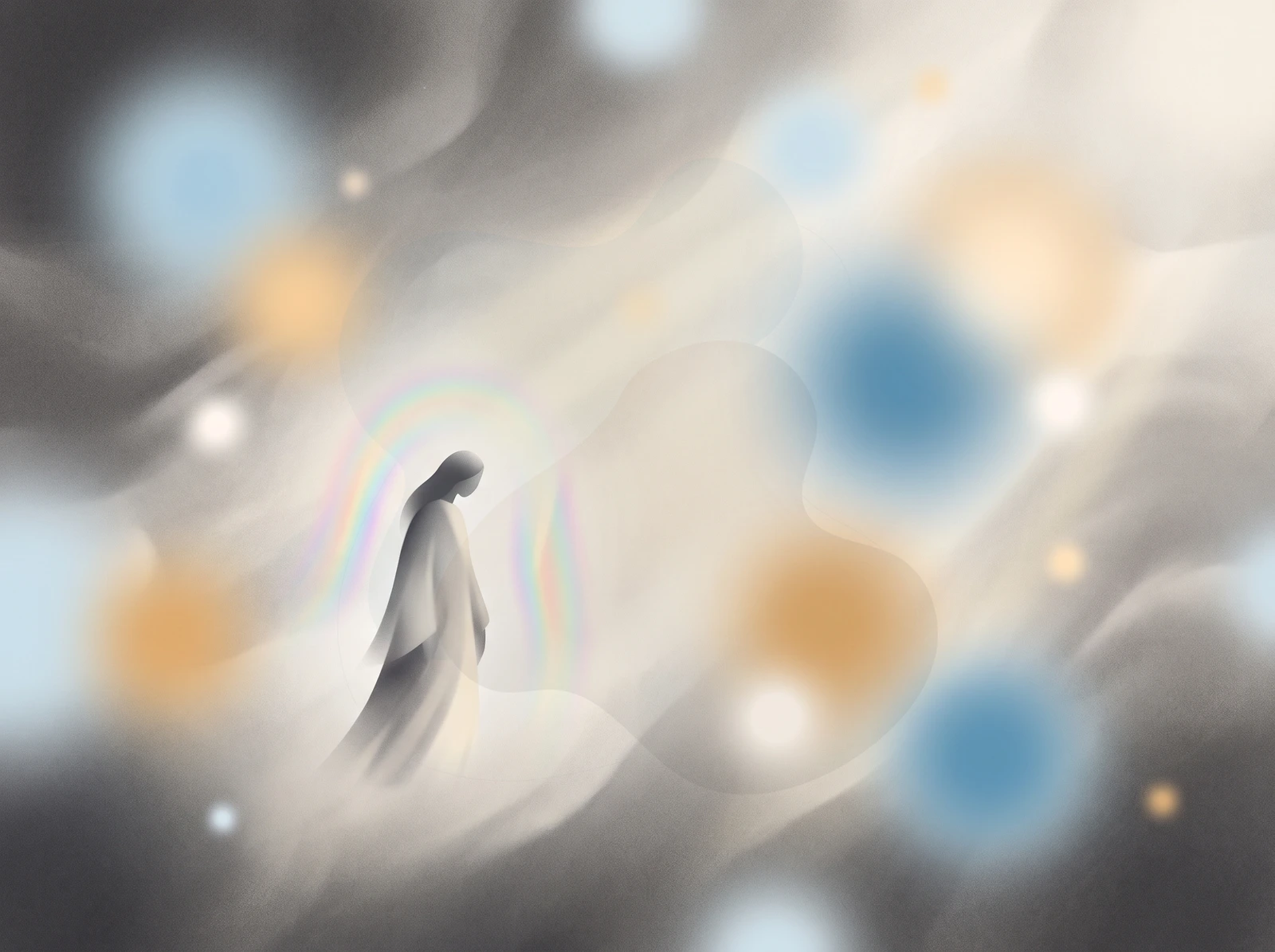 Recibe una lectura psíquica auténtica Figura con aura multicolor destacando entre auras de un solo color, representando la rareza del aura arcoíris