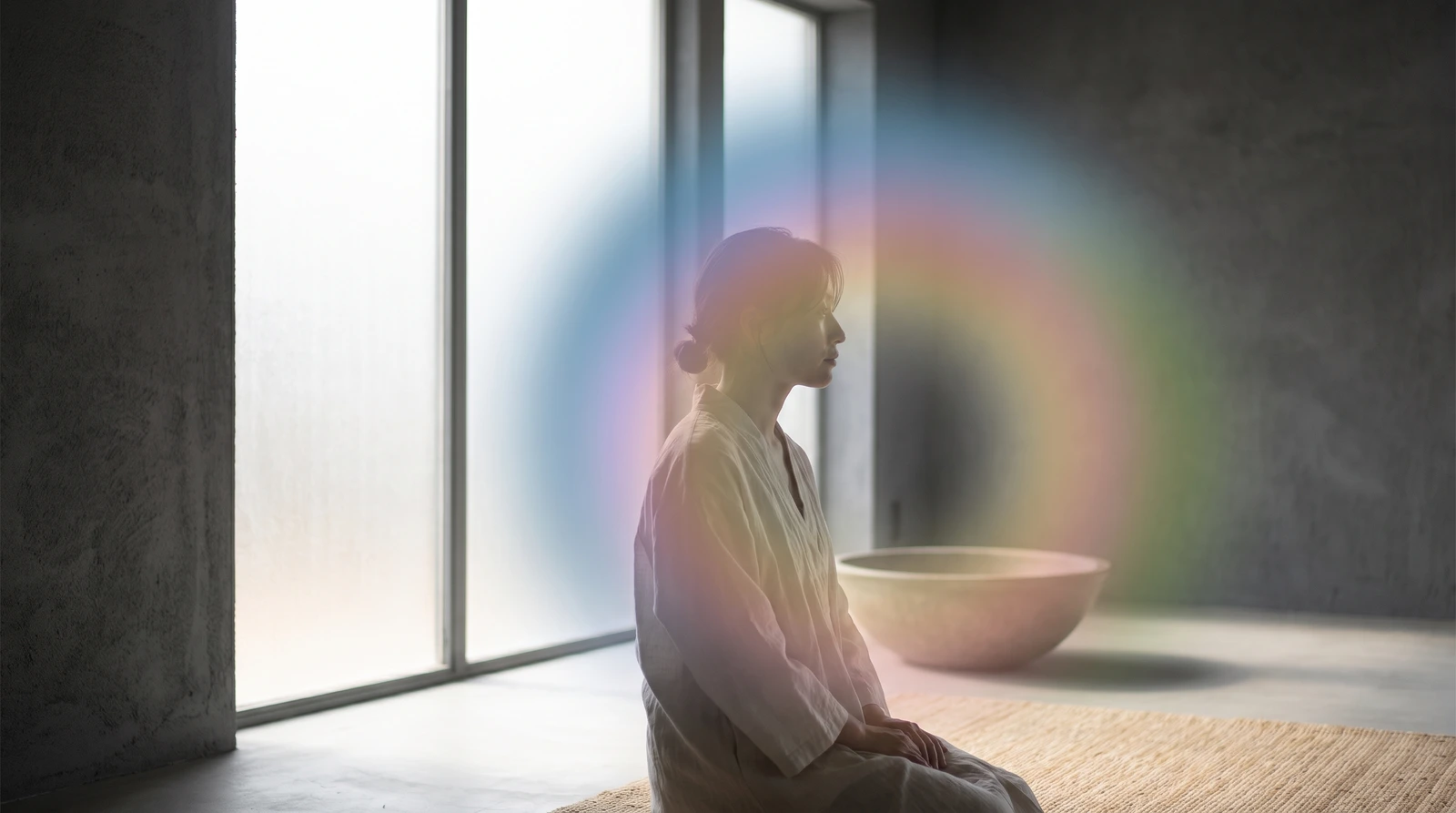 Silueta meditando envuelta en un aura multicolor de arcoíris, simbolizando el significado espiritual del aura arcoíris