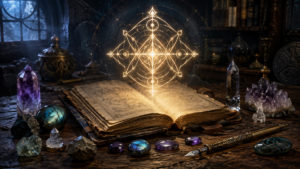 Escena sobre cómo hacer un sigilo con un símbolo geométrico luminoso sobre un libro antiguo abierto, rodeado de cristales, gemas y una pluma estilográfica.