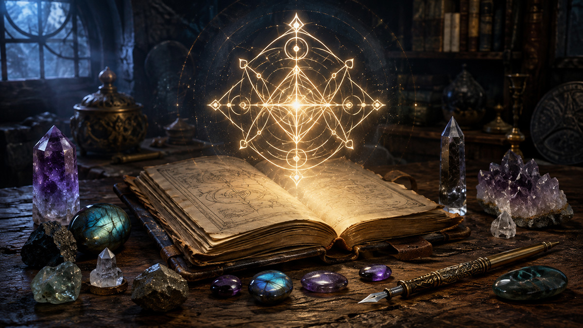 Escena sobre cómo hacer un sigilo con un símbolo geométrico luminoso sobre un libro antiguo abierto, rodeado de cristales, gemas y una pluma estilográfica.