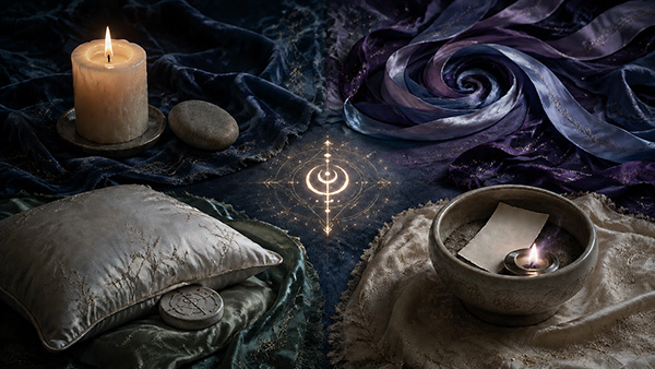 Sigil magic still life showing a candle, swirling purple ribbons, a pillow with a marked stone, and a fireproof bowl burning a piece of paper.