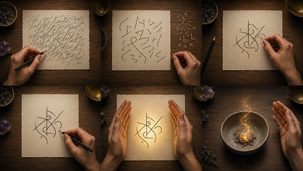 Six-panel sigil magic sequence showing hands writing an intention, reducing symbols, drawing and refining a sigil, charging it with light, and burning it safely in a bowl.