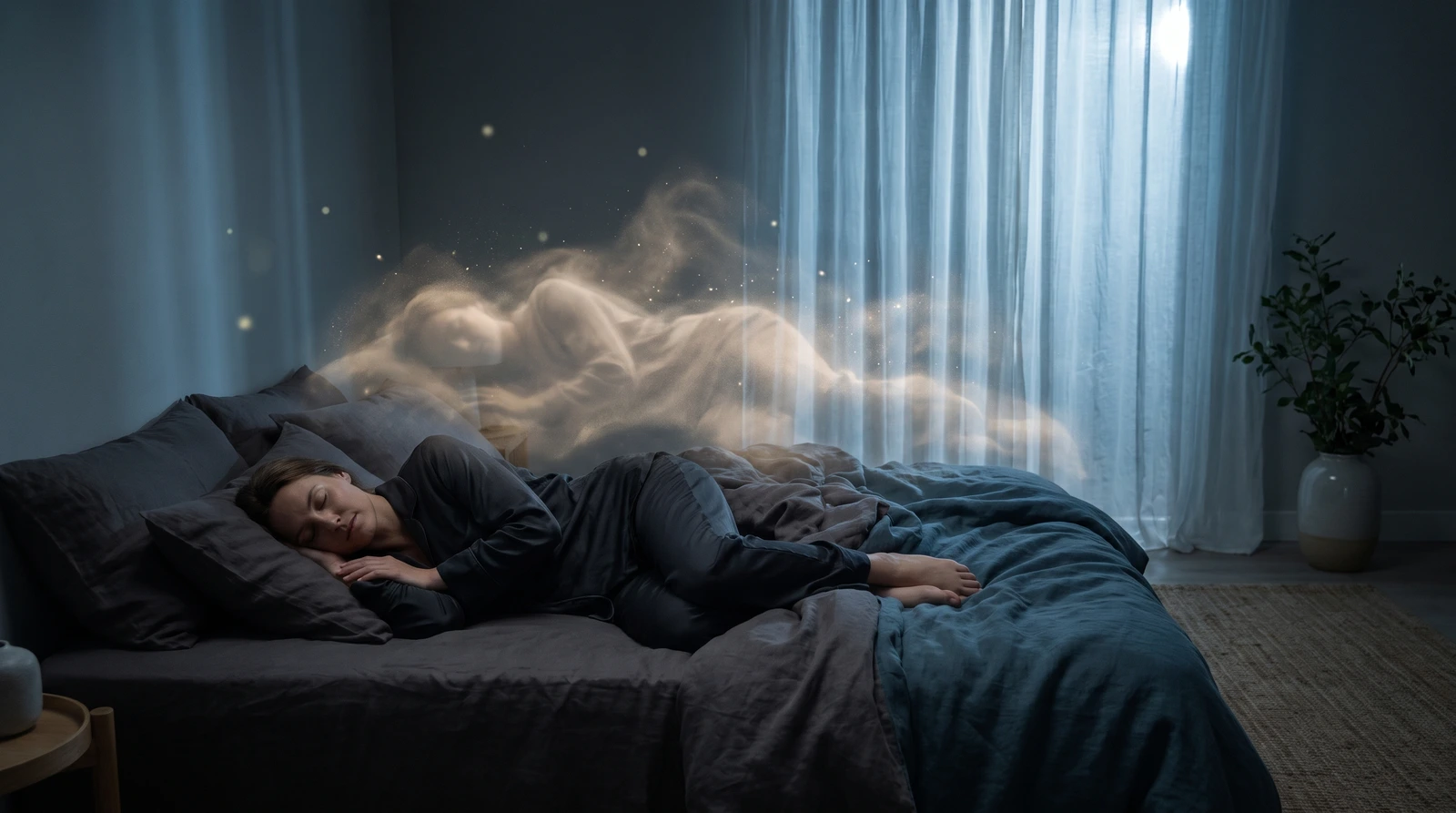 Mujer dormida en calma con una suave presencia etérea de luz dorada flotando sobre ella, representando el desdoblamiento espiritual