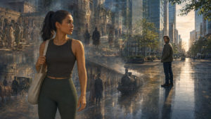 Mujer en una ciudad moderna rodeada por escenas transparentes de calles antiguas, medievales e industriales, con un hombre a lo lejos.