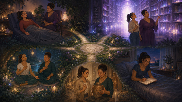 Collage con una sesión de regresión, una biblioteca luminosa, dos mujeres meditando, una visita a un museo y una mujer escribiendo junto a la cama.